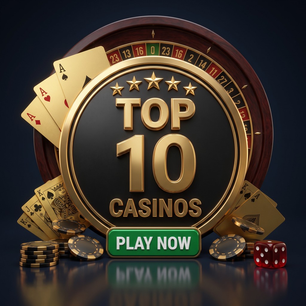 Gold casino medallion reading Top 10 Casinos, with playing cards, chips and dice.